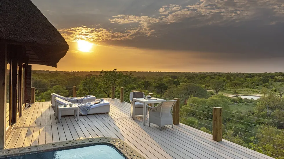 Sunset from the deck at Leopard Hills, looking out over the bushveld.