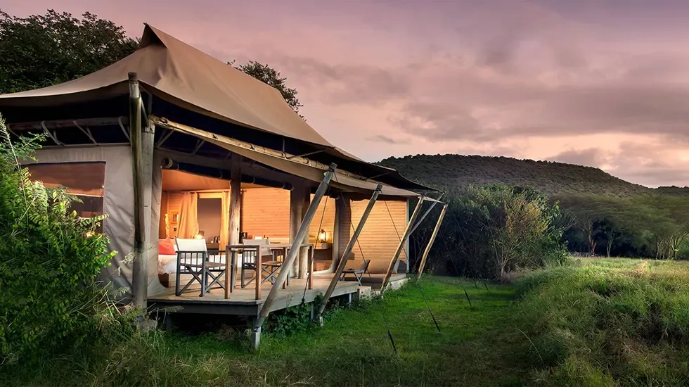 Evening light on a safari tent at a Masai Mara camp in Kenya.
