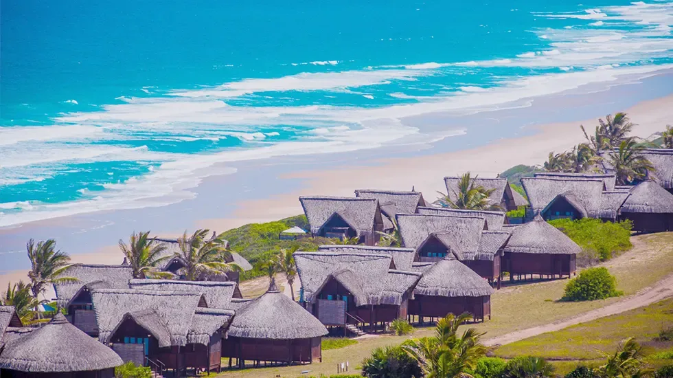 Thatched beach houses above the sand at Massinga, Mozambique.