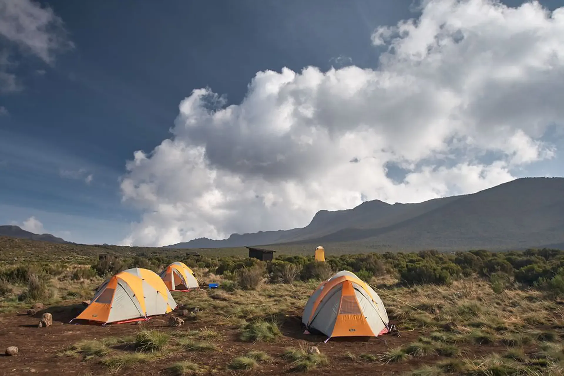 Camp pitched on the Shira Route beneath the slopes of Mount Kilimanjaro, Tanzania.