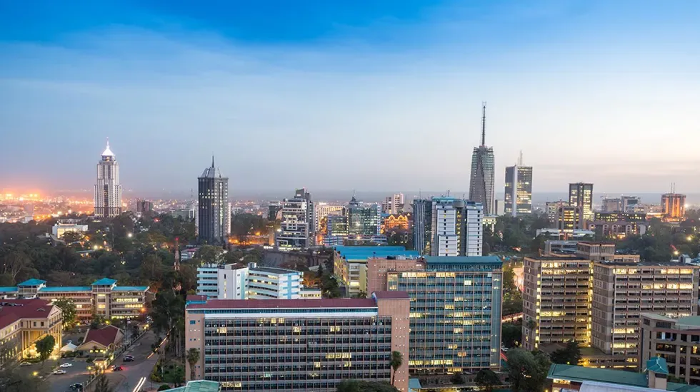 Nairobi's skyline at dusk, where this Kenya safari begins