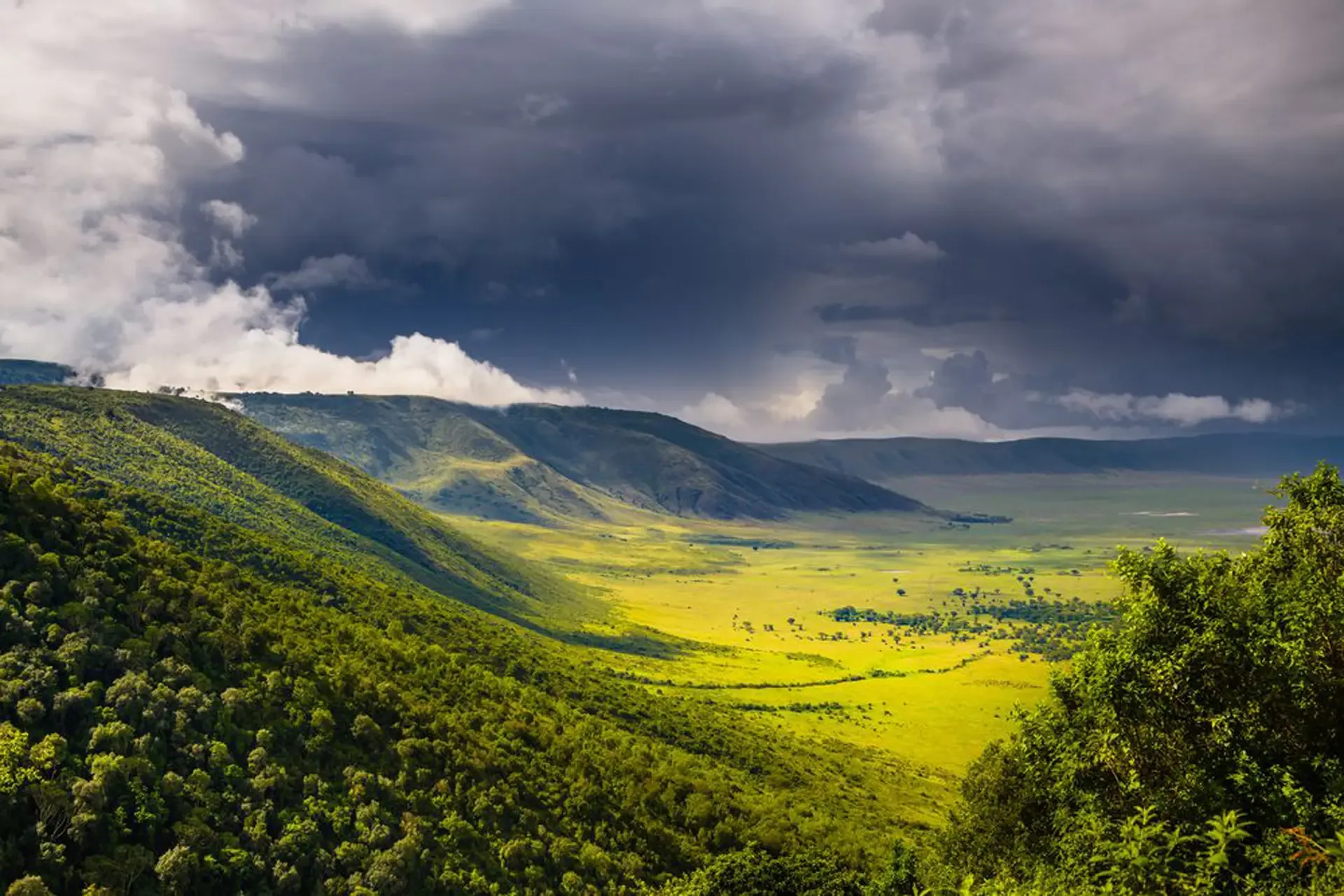 Sunlit green crater floor and forested slopes seen from the rim under dark storm clouds