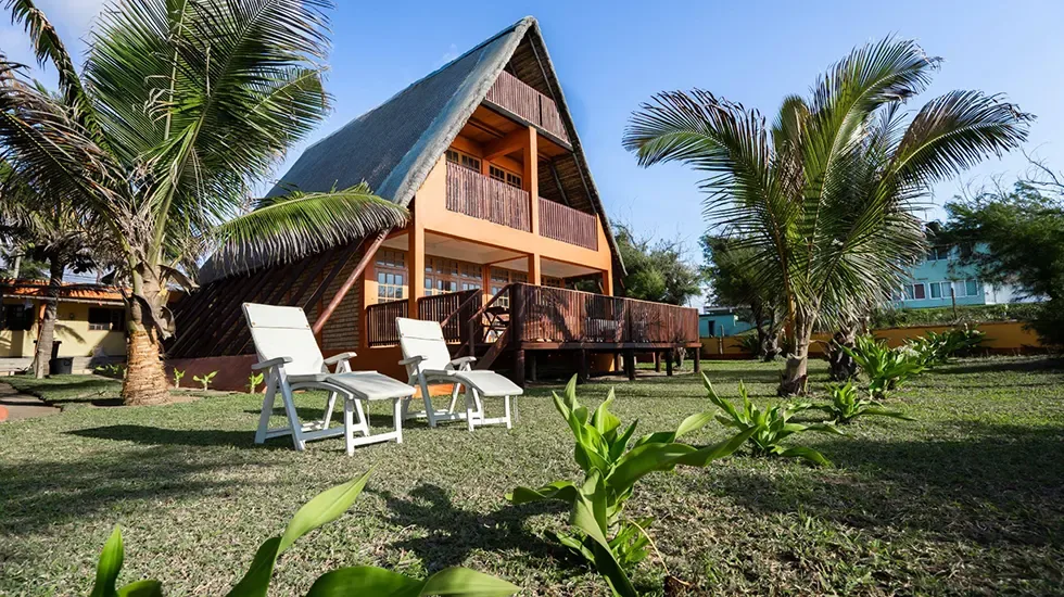 Sun loungers on the lawn of a palm-shaded lodge in Praia do Tofo, Mozambique.