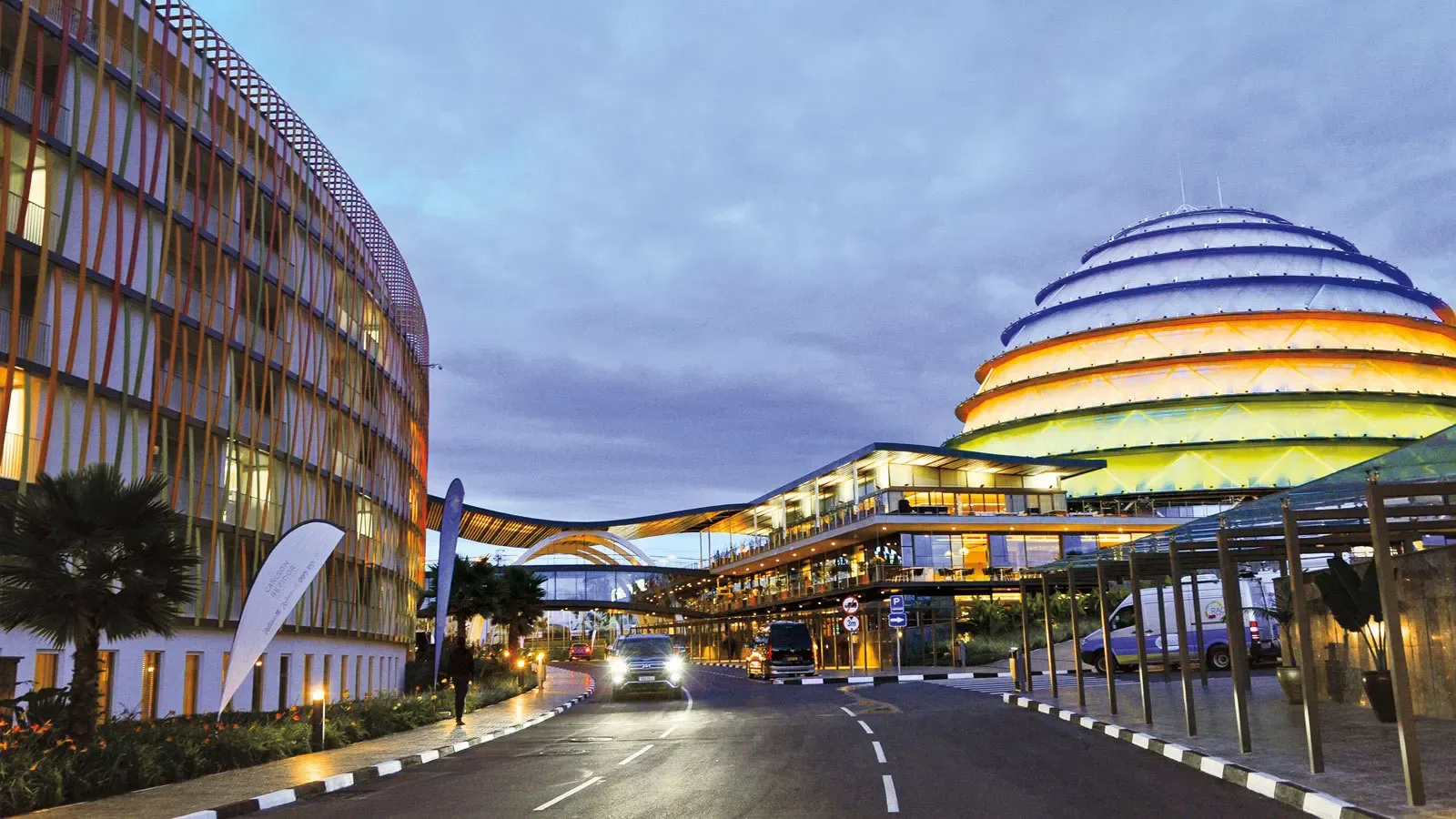 Evening falls over Kigali's modern city centre during the Rwanda city tour.
