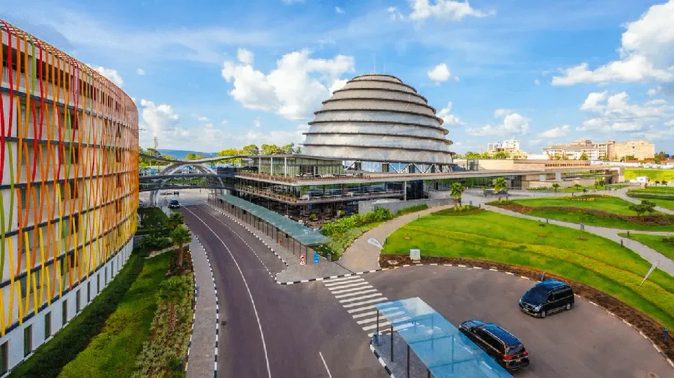 Modern architecture and green lawns on a Kigali city tour in Rwanda.