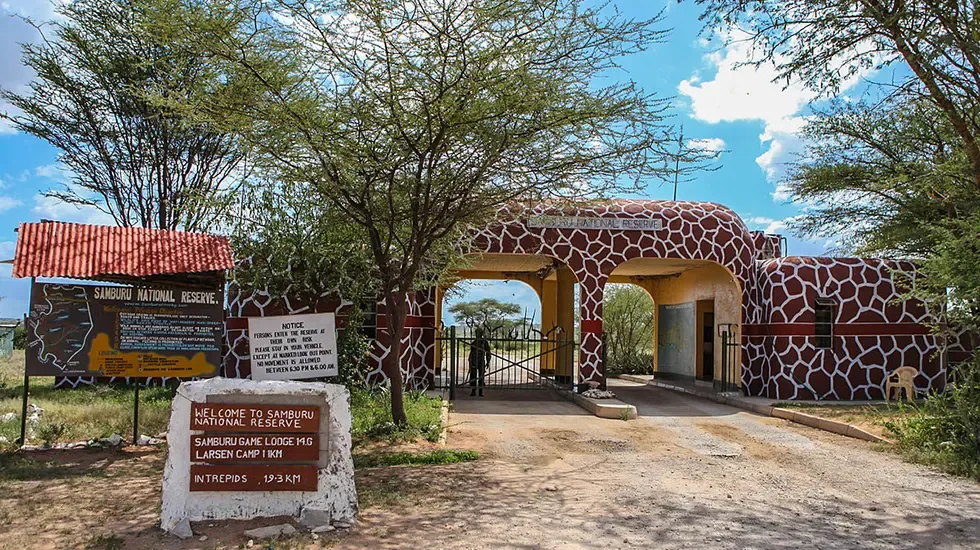 The entrance gate to Samburu National Reserve, Kenya, where game drives begin.