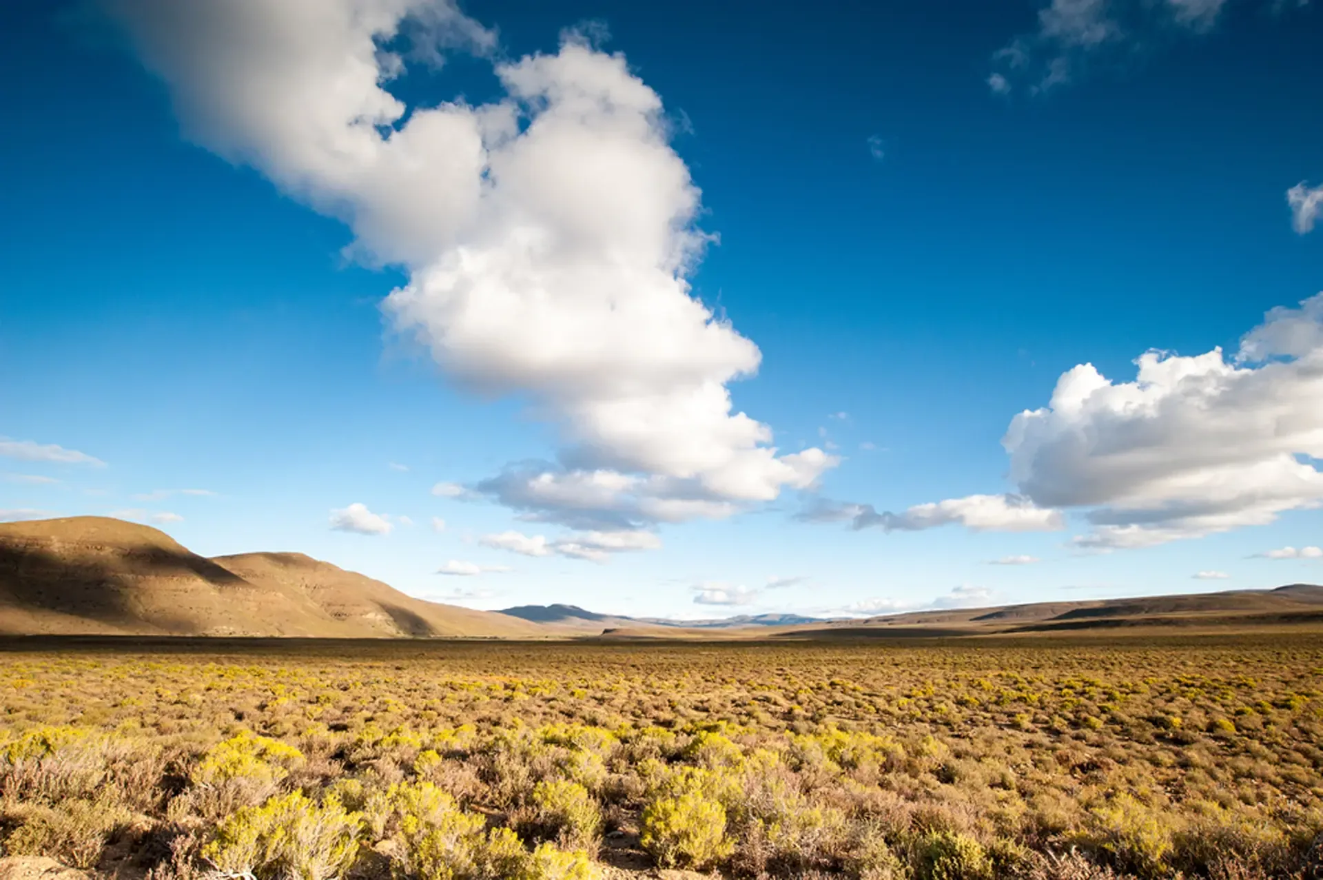 Open scrubland and rolling hills under a wide blue sky in South Africa.