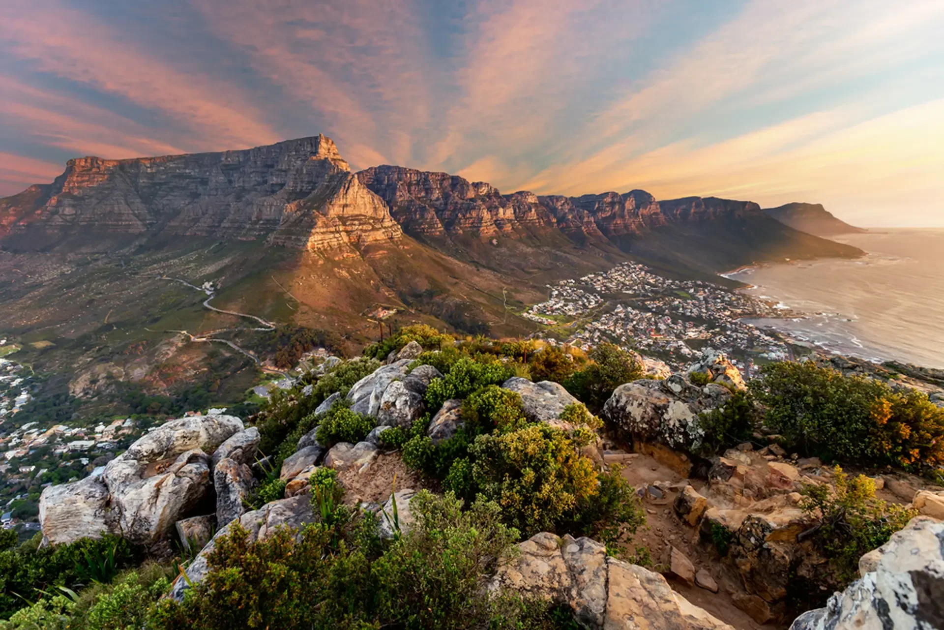Sunset light over the peaks and coastline of South Africa