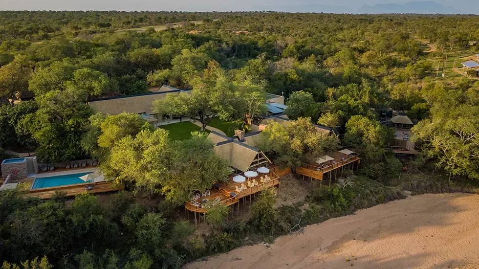 Tangala Safari Camp seen from above, set among the trees of Thornybush in South Africa.