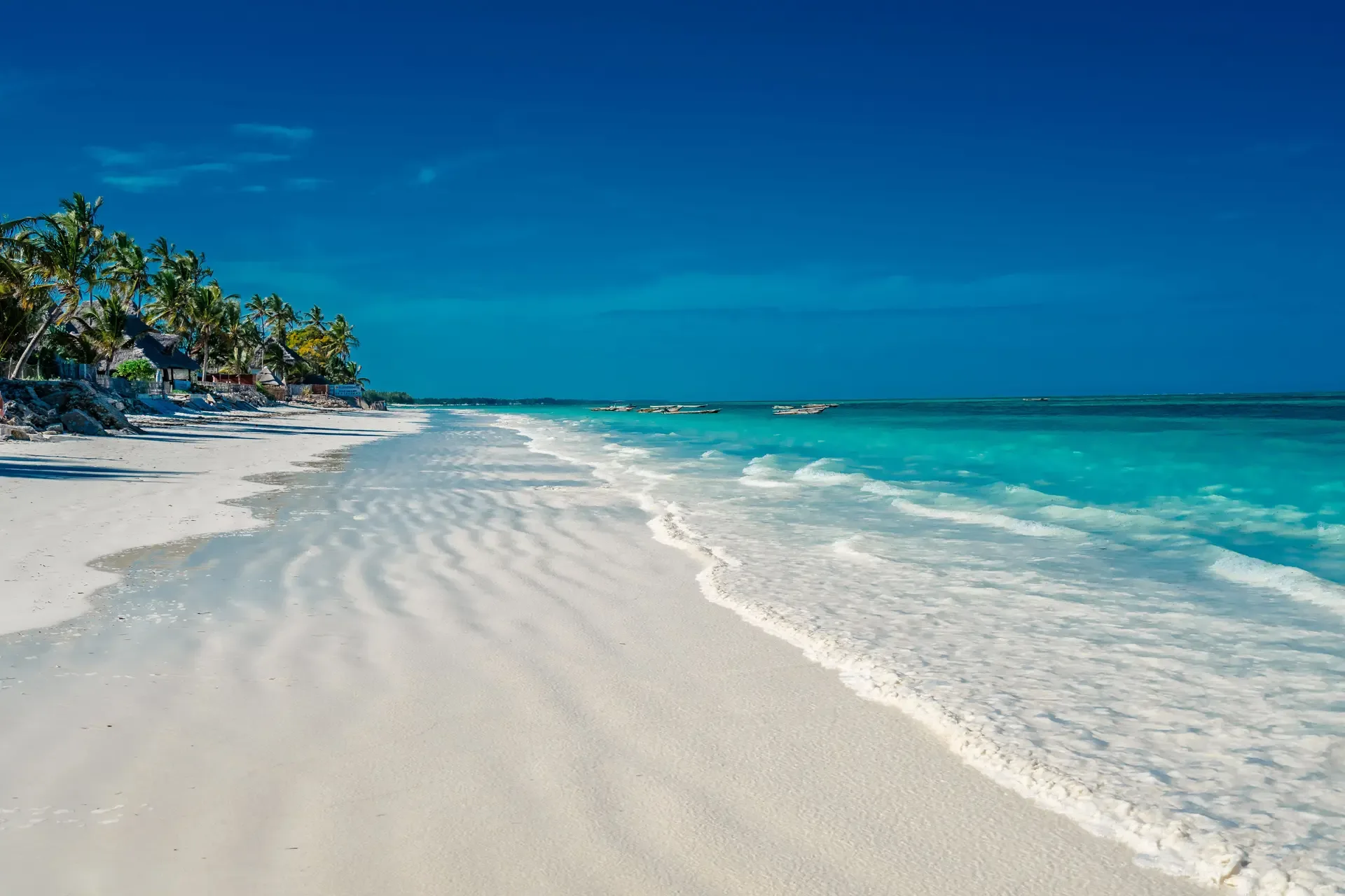 Pale sand and gentle turquoise water on the Zanzibar coast, the quiet close to a Tanzania bush to beach safari.