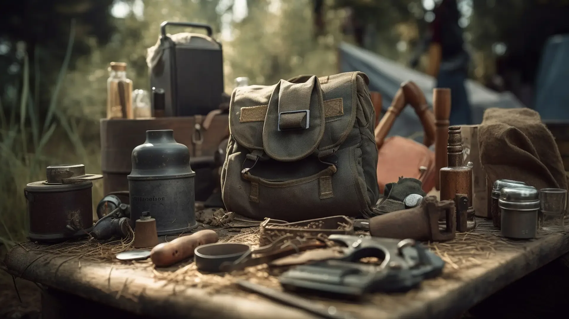 Hunting equipment forest backpack binoculars knife compass binocularsgenerative ai