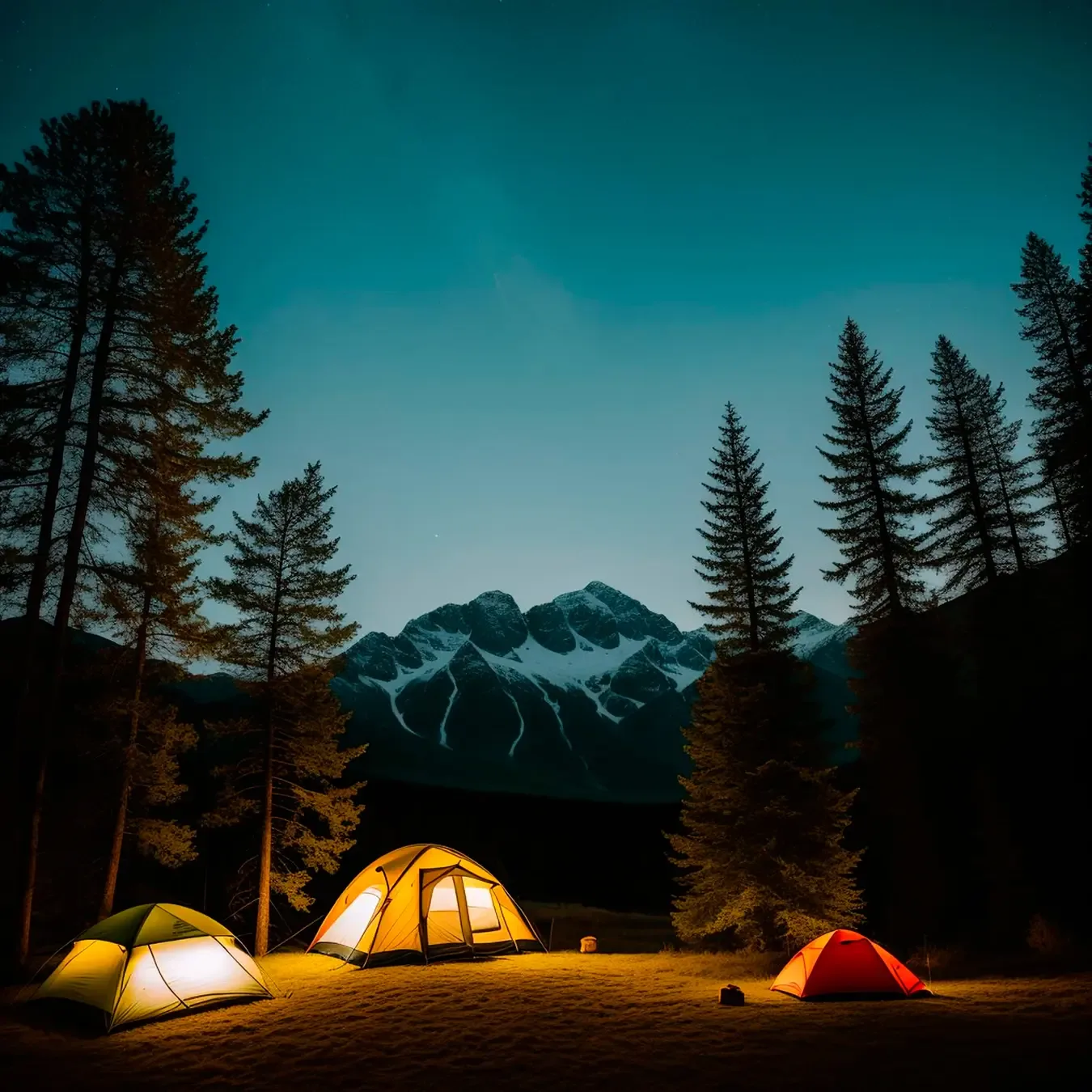 Tent is lit up night with mountains background