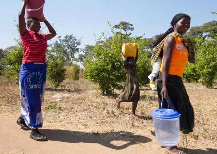A family carrying water containers home along a dirt path